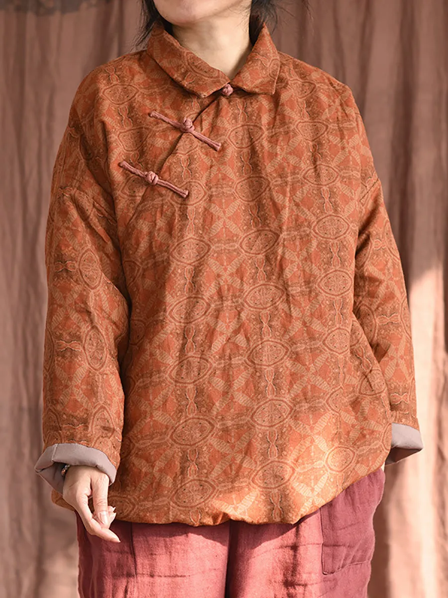 Women Ethnic Print Linen Padded Coat