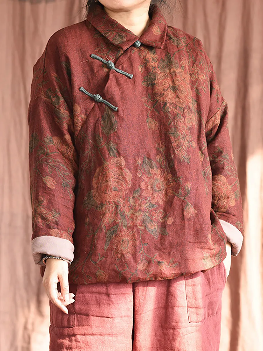 Women Ethnic Print Linen Padded Coat