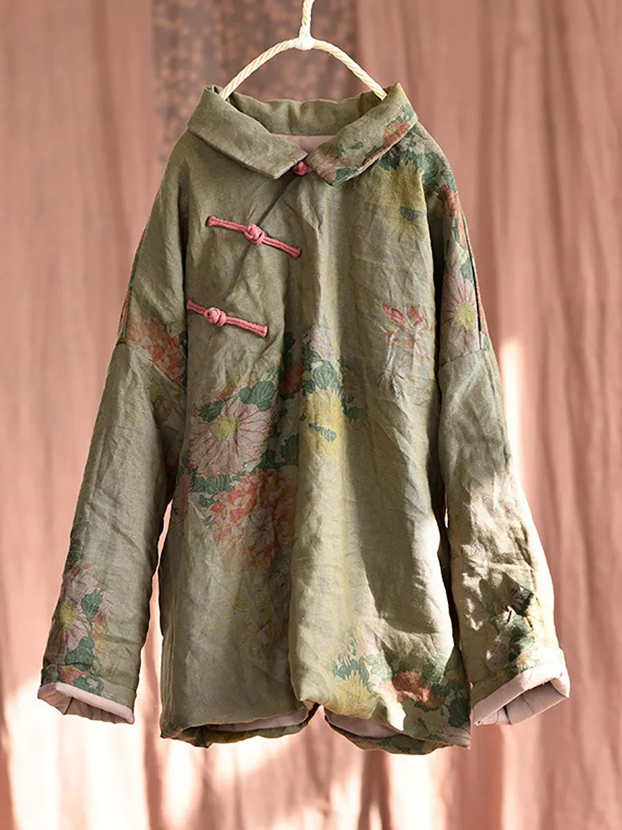 Women Ethnic Print Linen Padded Coat