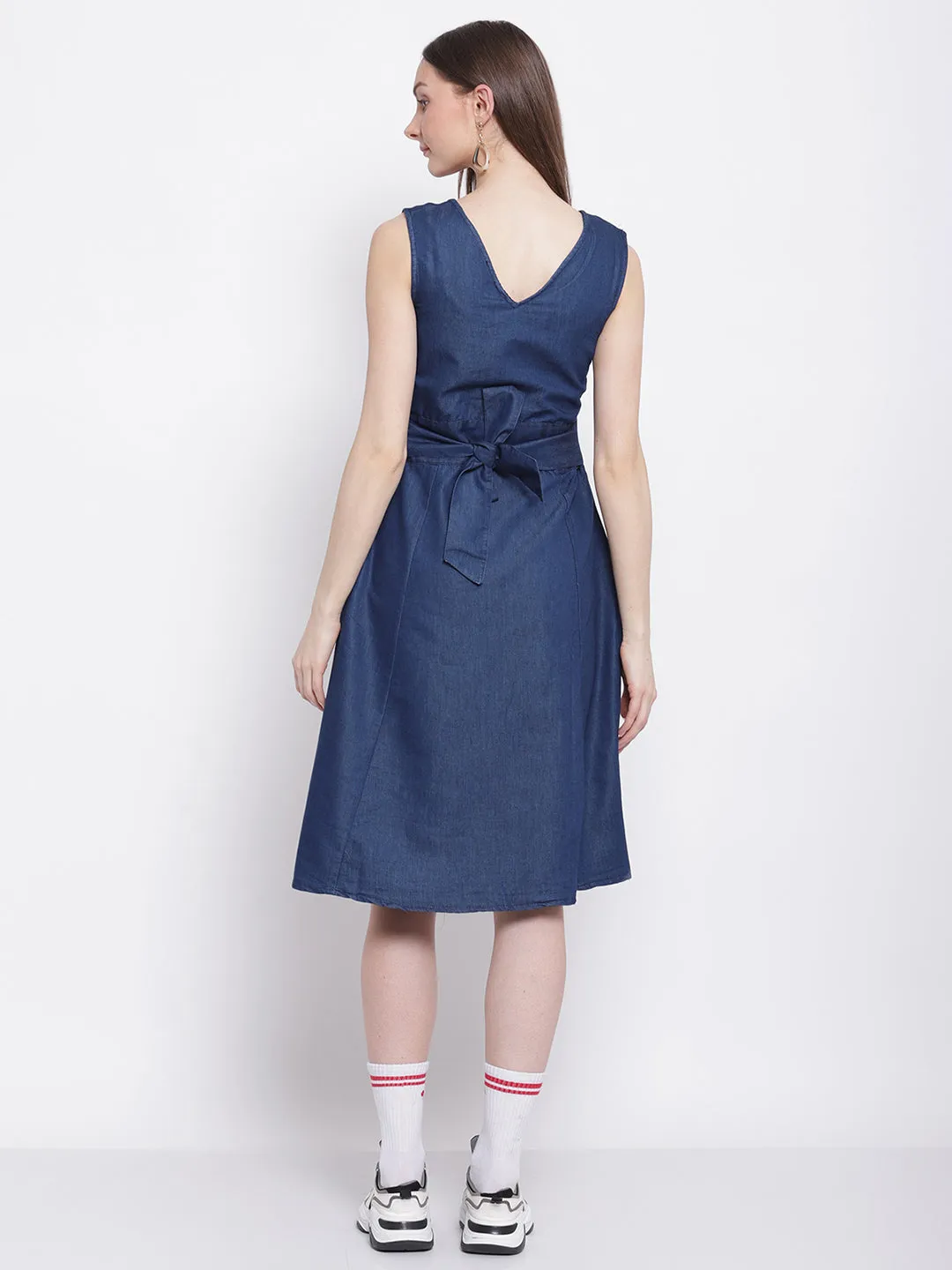 Women Sleeveless Dark Blue Denim A-Line Dress