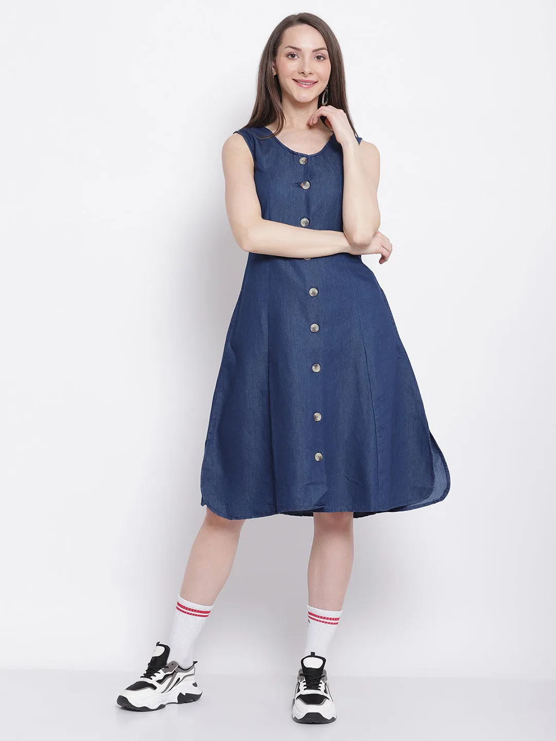 Women Sleeveless Dark Blue Denim A-Line Dress
