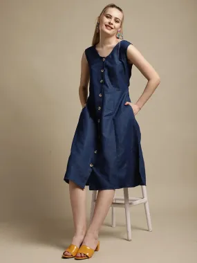 Women Sleeveless Dark Blue Denim A-Line Dress