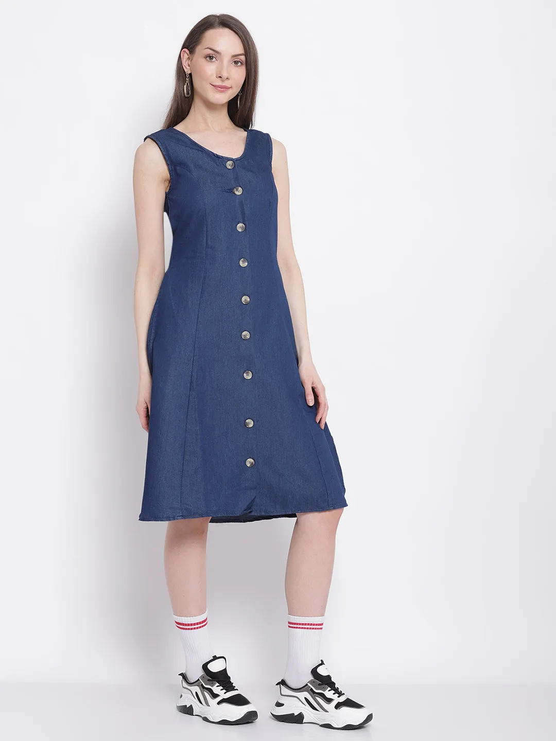 Women Sleeveless Dark Blue Denim A-Line Dress