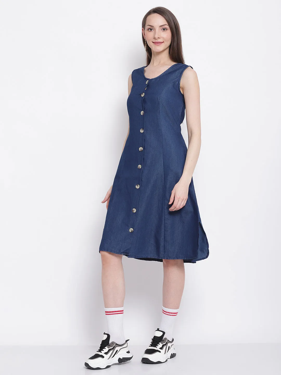 Women Sleeveless Dark Blue Denim A-Line Dress