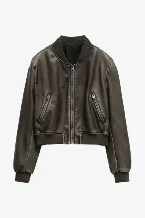 Women's Brown Faux Leather Cropped Jacket