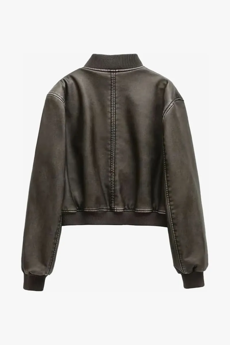 Women's Brown Faux Leather Cropped Jacket