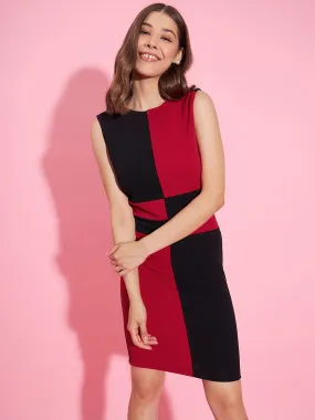 Women's Red & Black Color Blocking Bodycon Dress - StyleStone