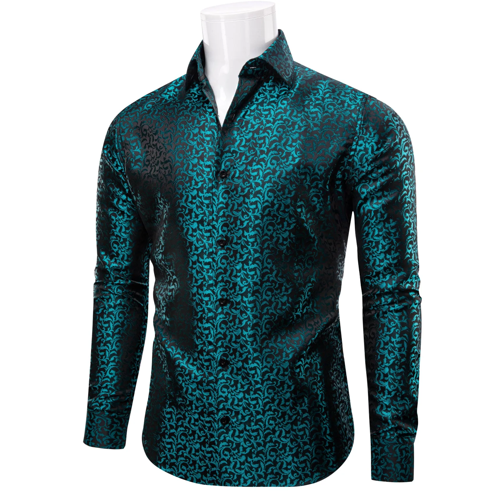 YourTies $19.99 Teal Green Nile Blue Black Floral Leaf Mens Long Sleeve Shirt