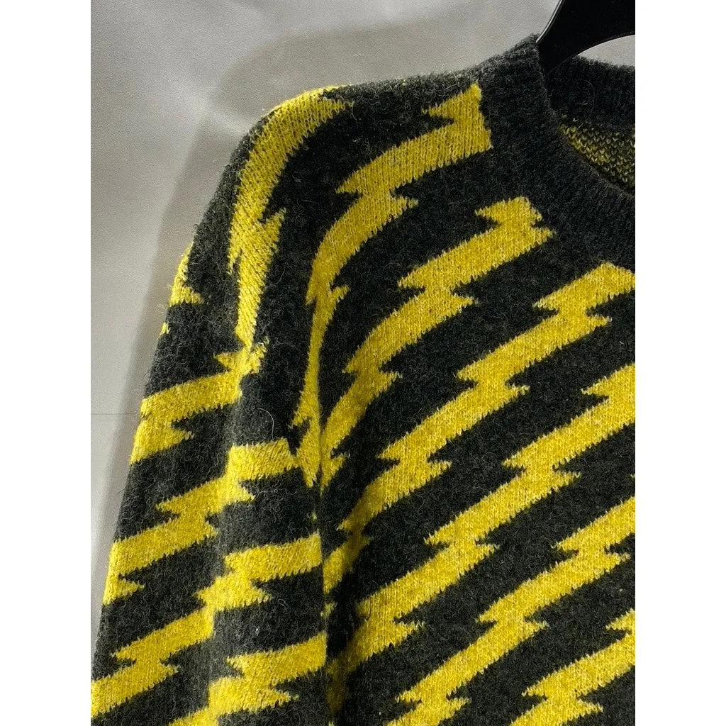 ZARA Men's Black/Yellow Lightning Bolt Jacquard Crewneck Pullover Sweater SZ M