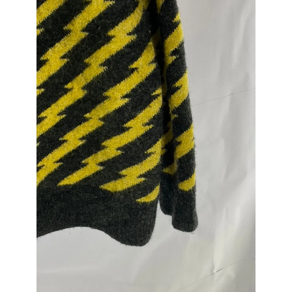 ZARA Men's Black/Yellow Lightning Bolt Jacquard Crewneck Pullover Sweater SZ M