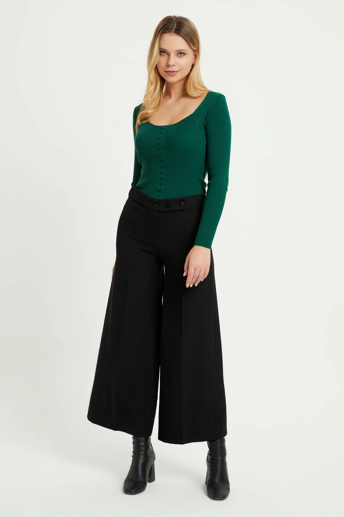 ZRF Women Wide Leg 3 Button Pants - Black - Newton