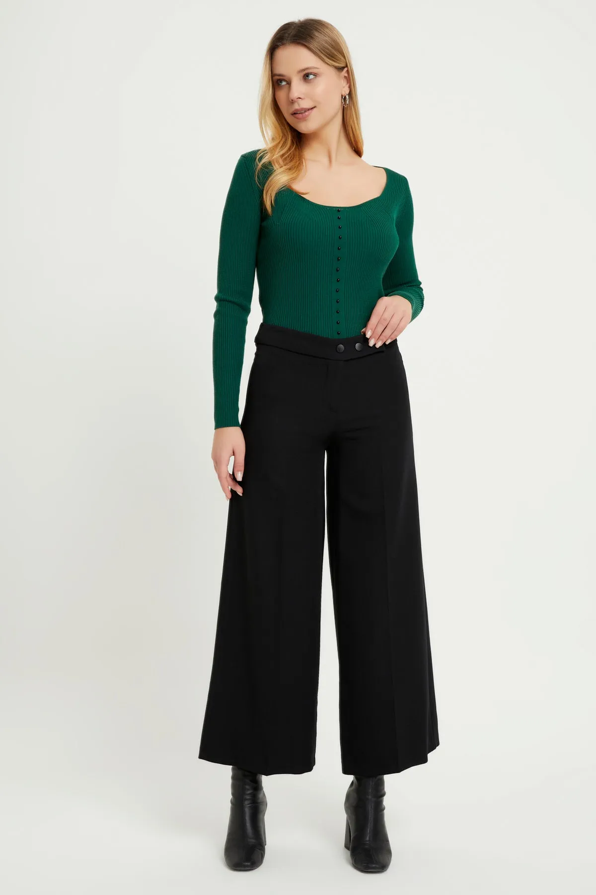 ZRF Women Wide Leg 3 Button Pants - Black - Newton